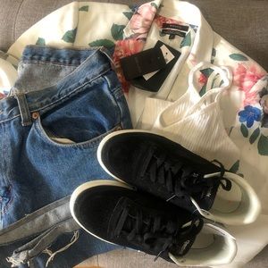 Blazer, sneaker and denim outfit bundle.